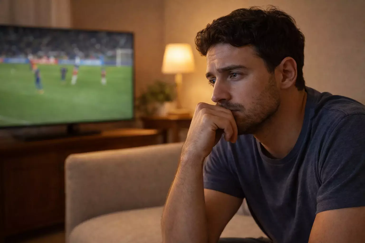 Giovane tifoso pensieroso seduto davanti alla TV durante una partita di calcio