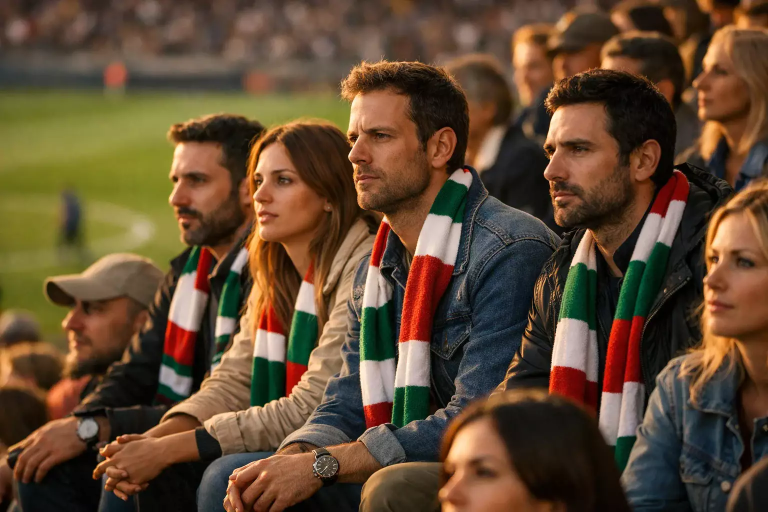 Tifosi italiani che guardano una partita di calcio allo stadio con atmosfera serale