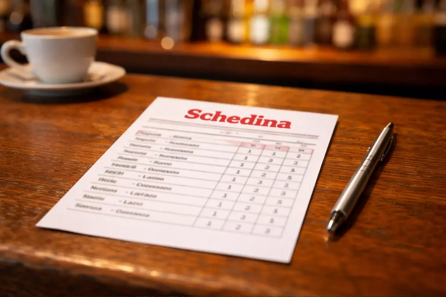 Schedina cartacea con pronostici di partite di Serie A su un tavolo