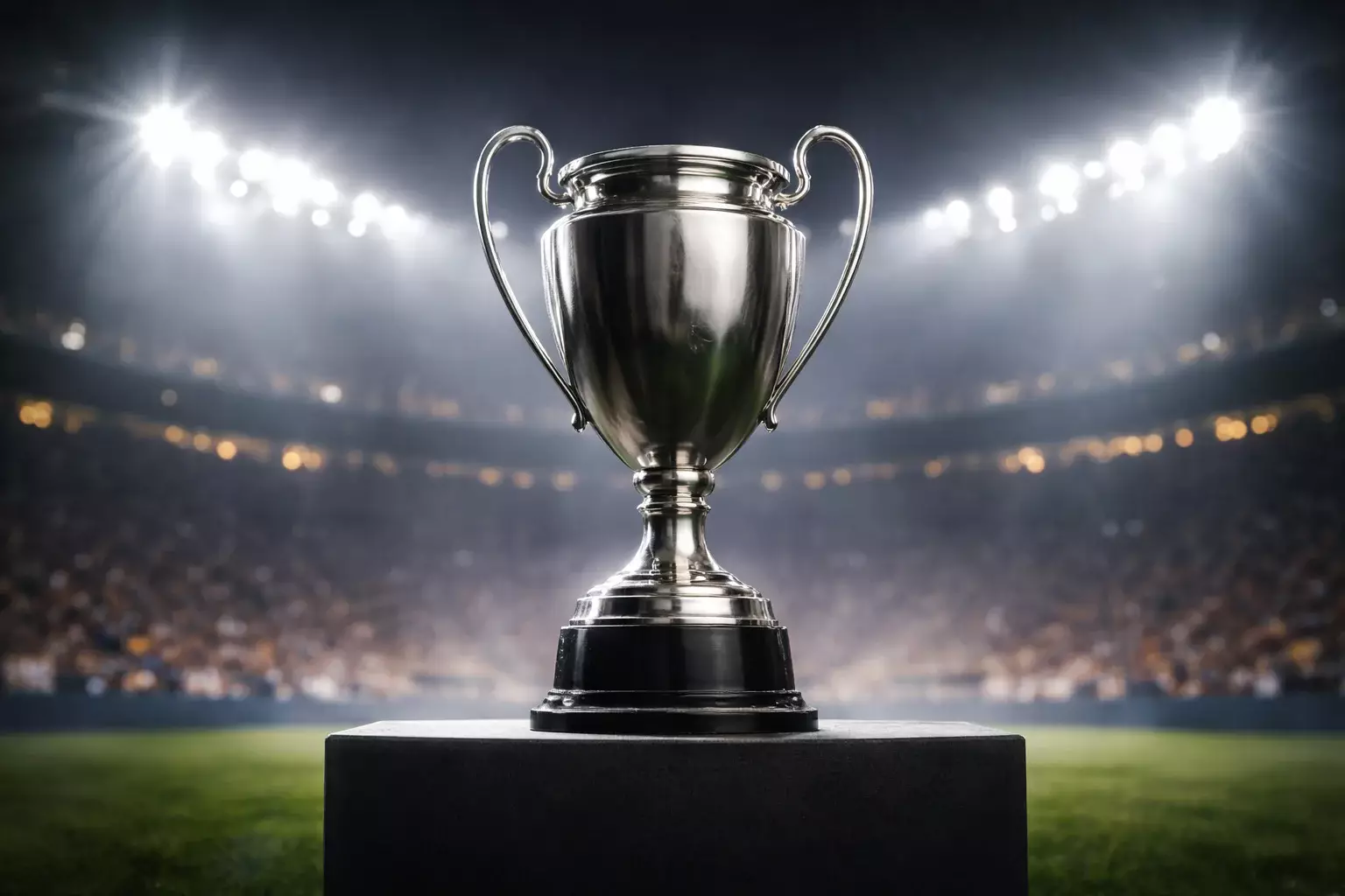 Trofeo della Serie A esposto con luci dello stadio sullo sfondo