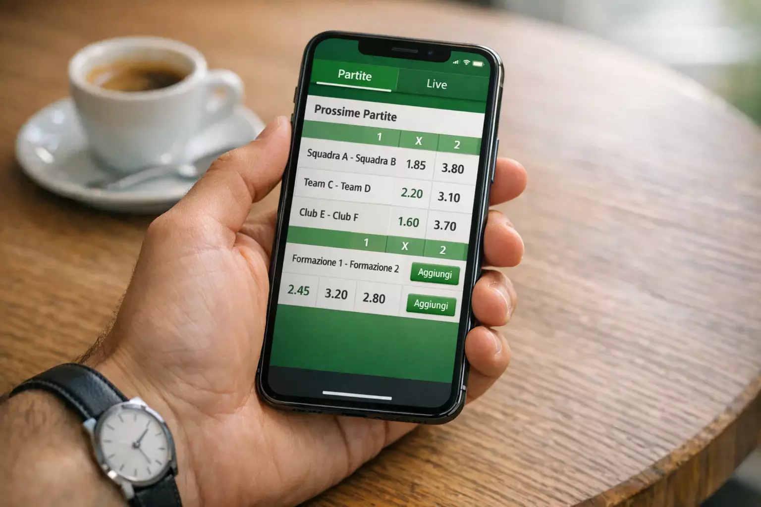 Mano che tiene uno smartphone con app di scommesse sportive aperta