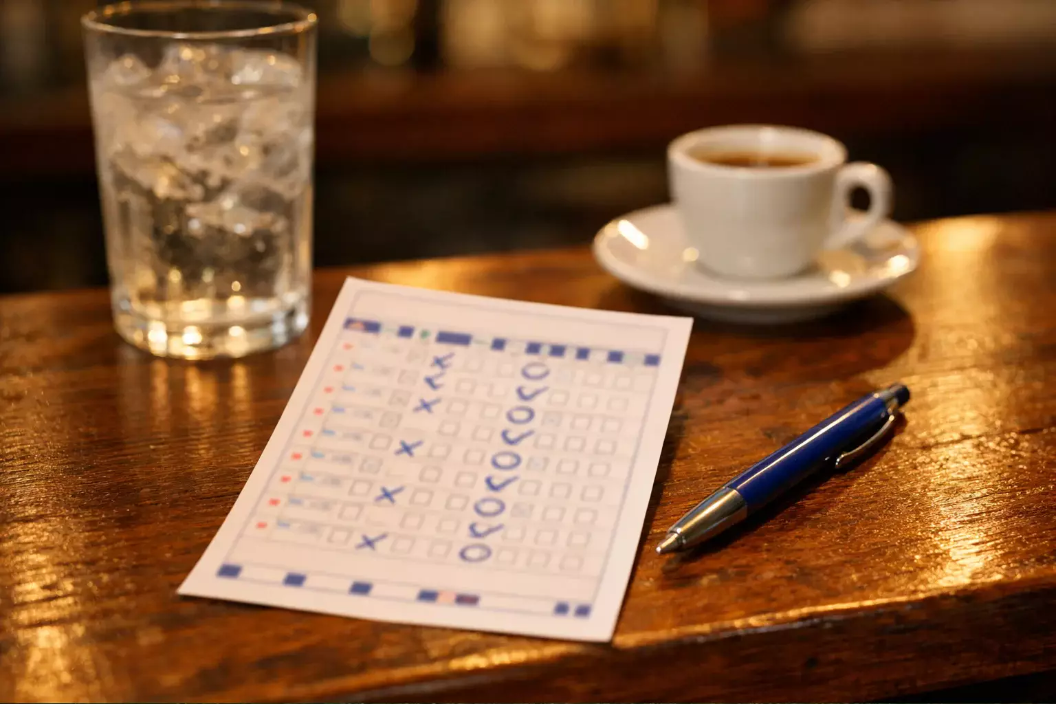 Schedina cartacea di scommesse multiple su un tavolo accanto a una penna