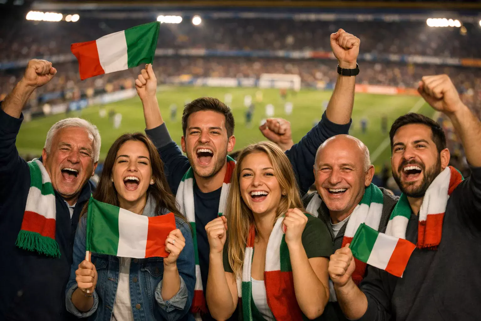 Tifosi di calcio esultano allo stadio con bandiere durante una partita
