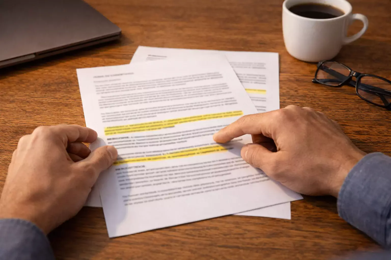 Persona analizza documenti con termini e condizioni su una scrivania