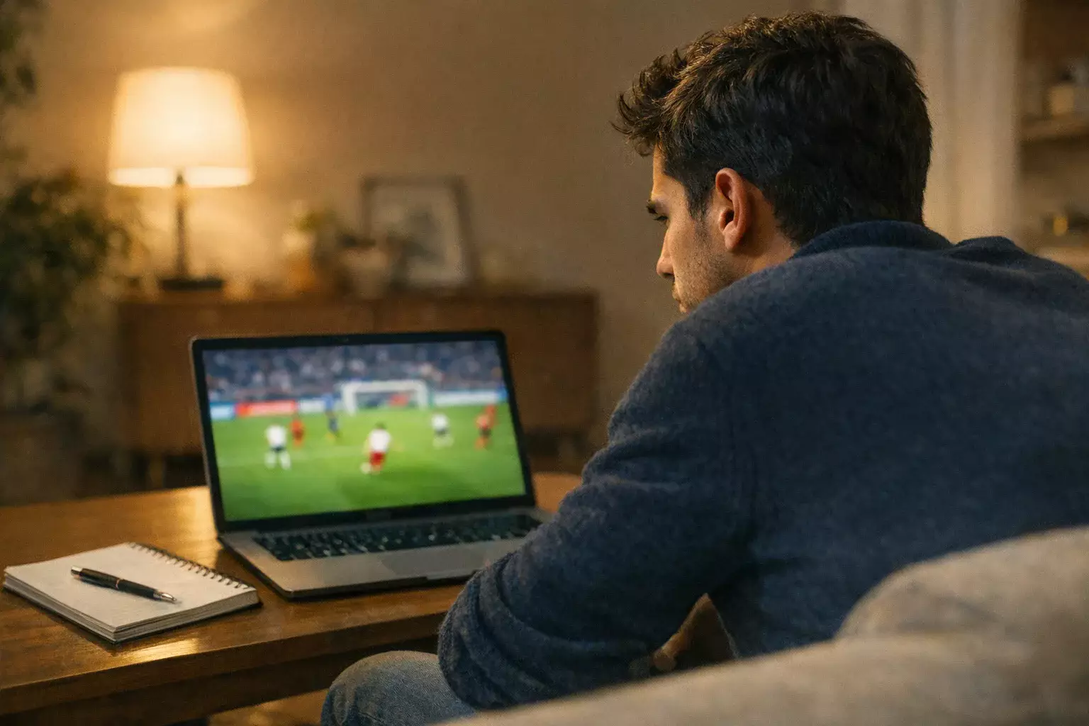 Giovane tifoso concentrato guarda una partita di calcio sul laptop
