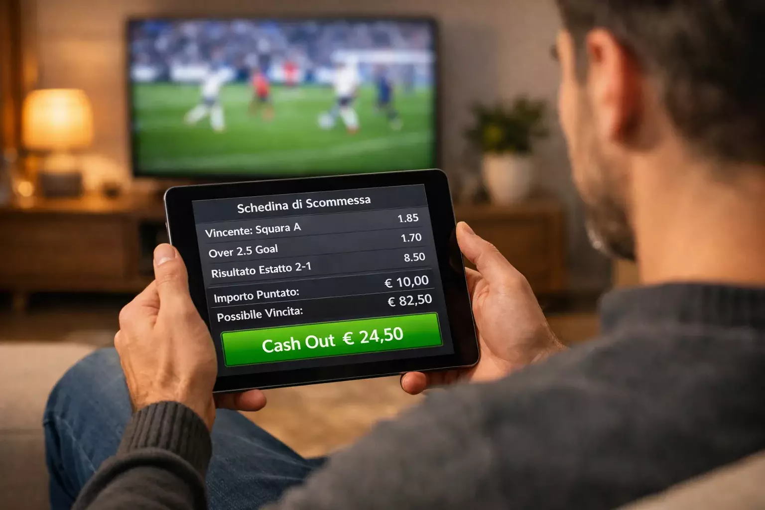 Persona valuta opzione cash out su tablet durante una partita in TV
