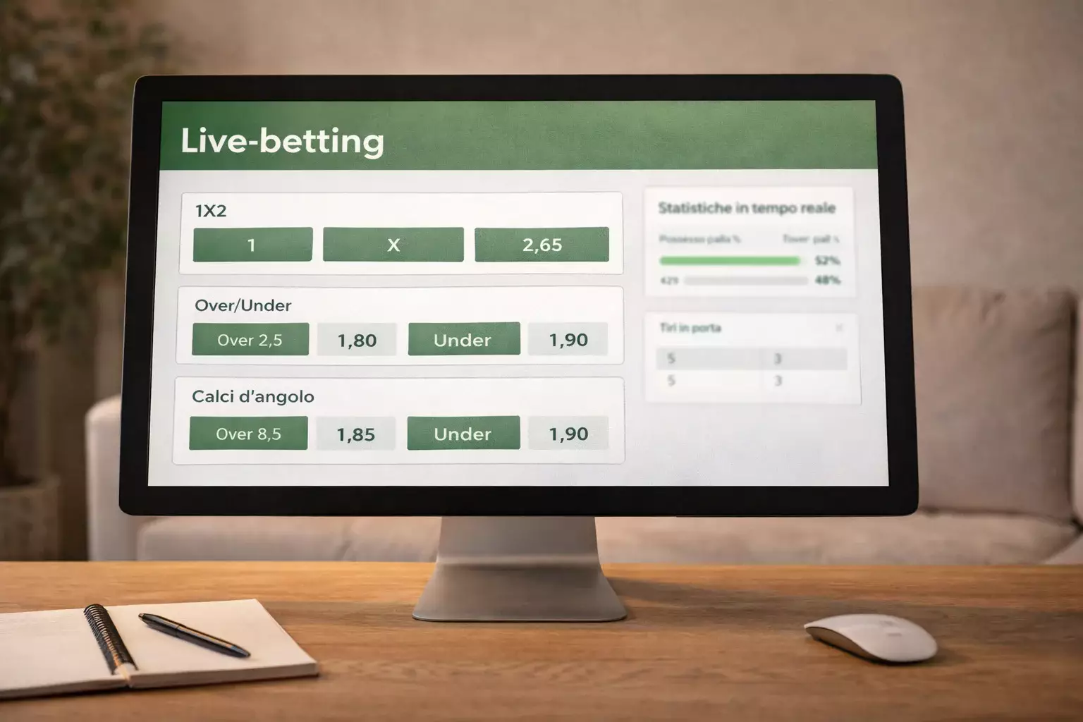 Interfaccia di piattaforma betting con quote live e statistiche partita
