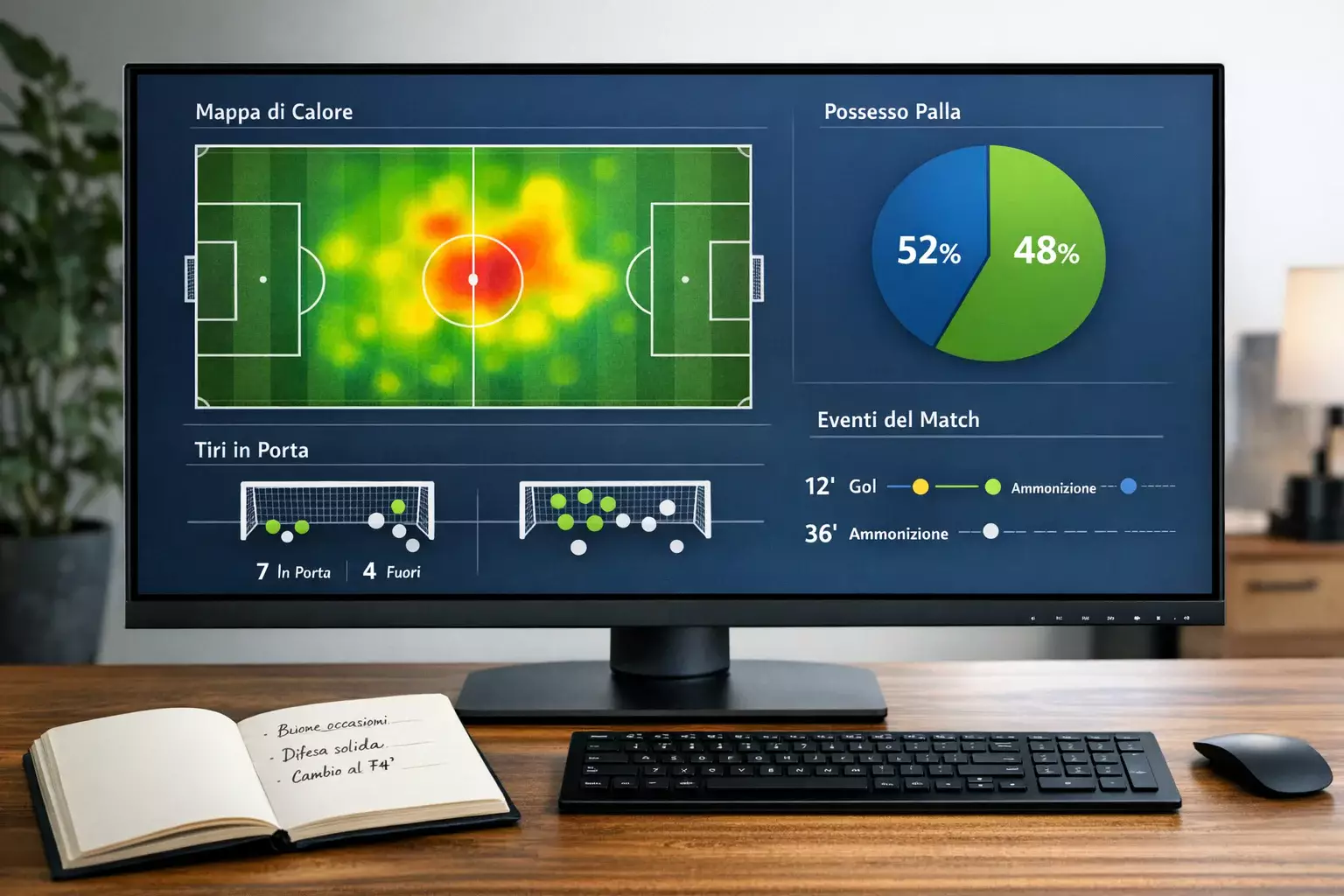 Dashboard con grafici e statistiche di una partita di calcio