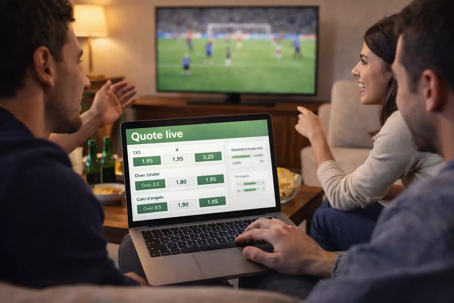 Gruppo di amici guarda una partita di calcio insieme con laptop aperto