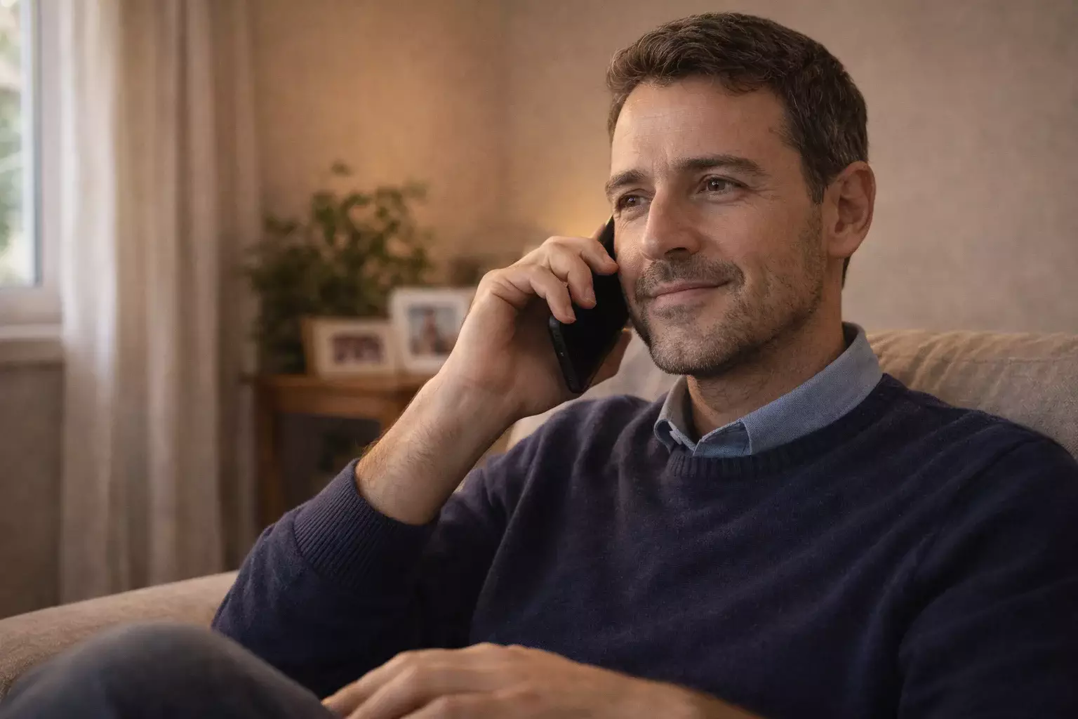 Persona parla al telefono con espressione serena in ambiente domestico