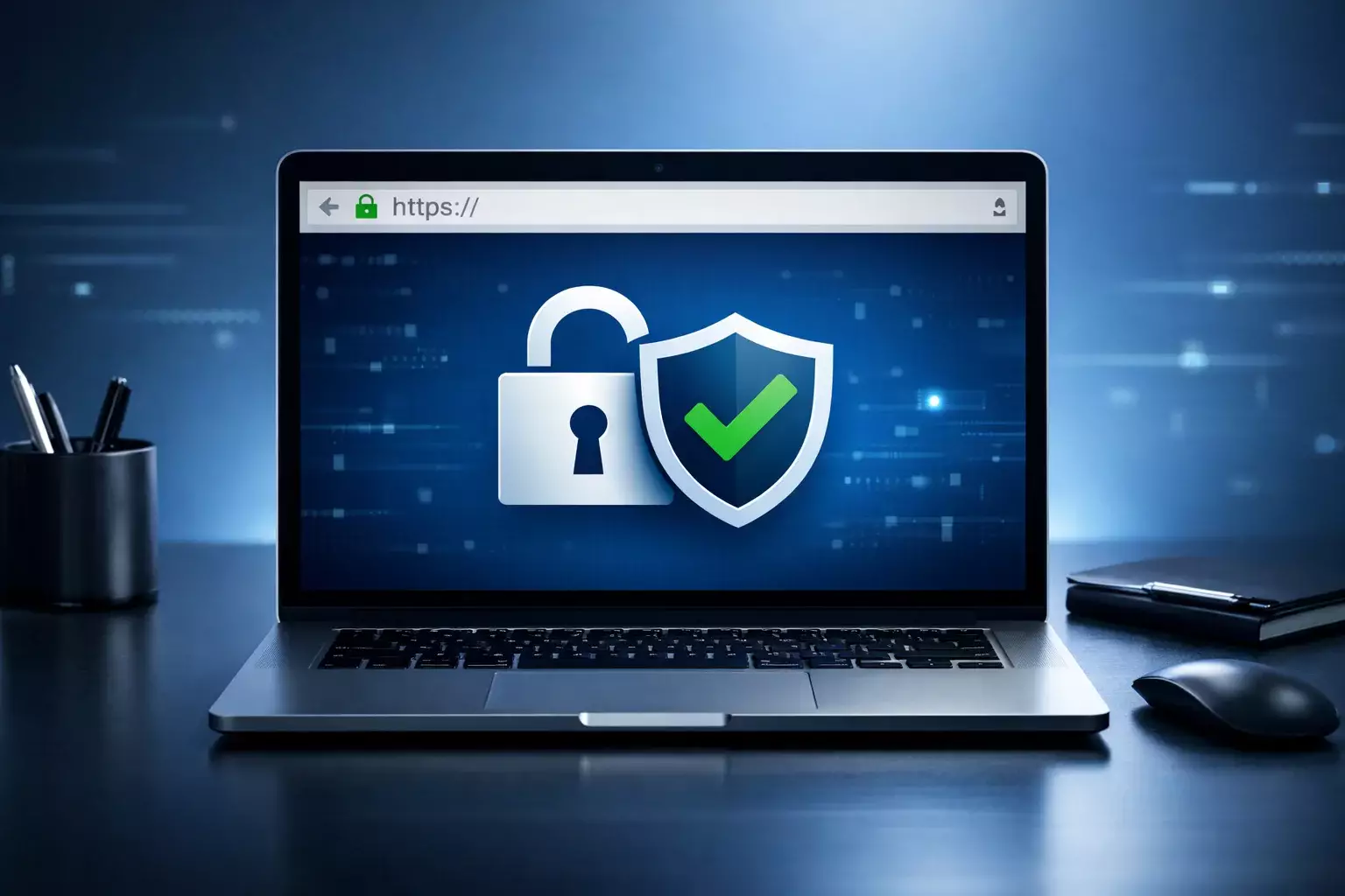 Lucchetto digitale simbolo di sicurezza su sfondo tecnologico blu