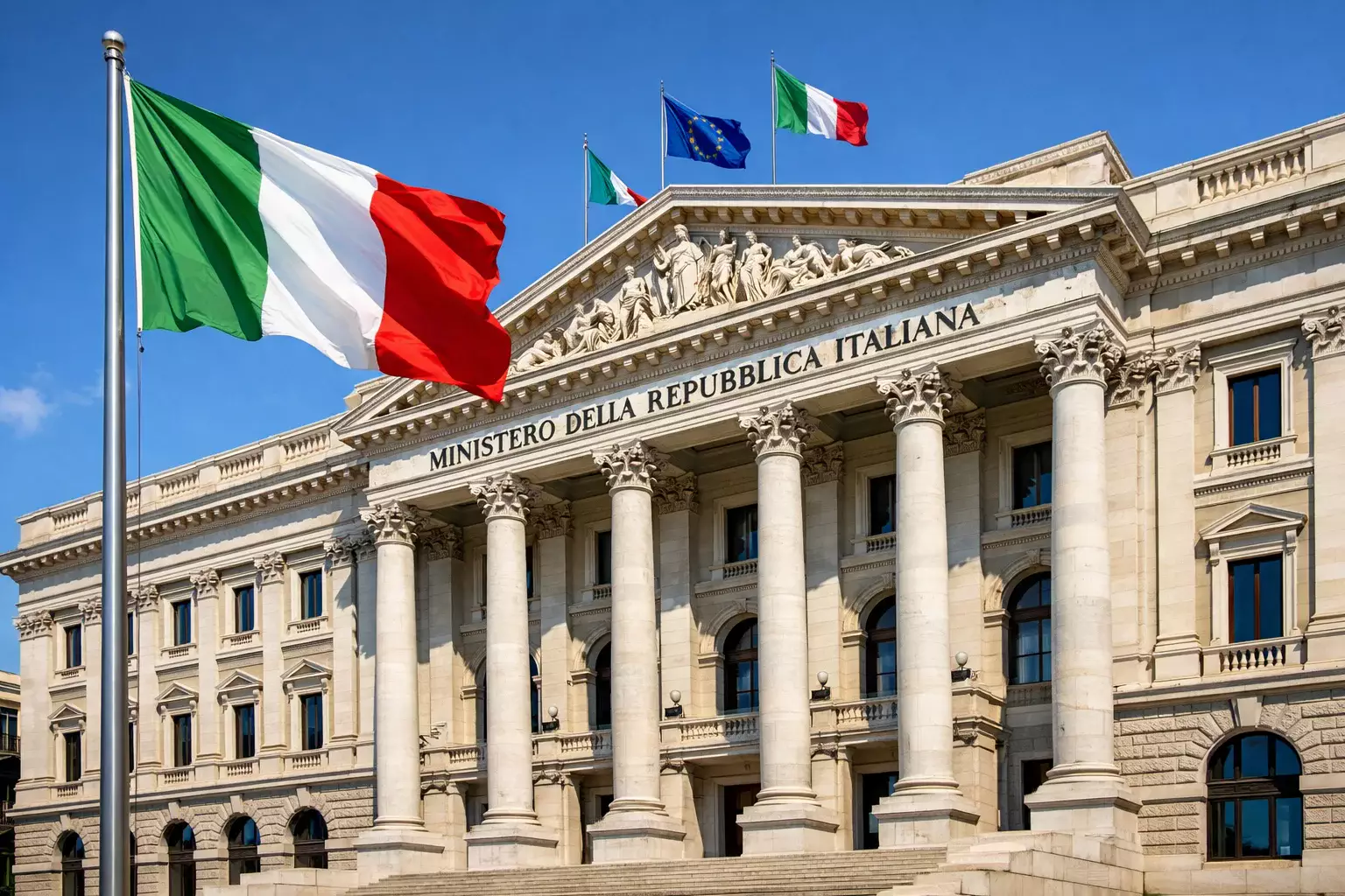 Edificio istituzionale italiano con bandiera tricolore sotto il cielo azzurro