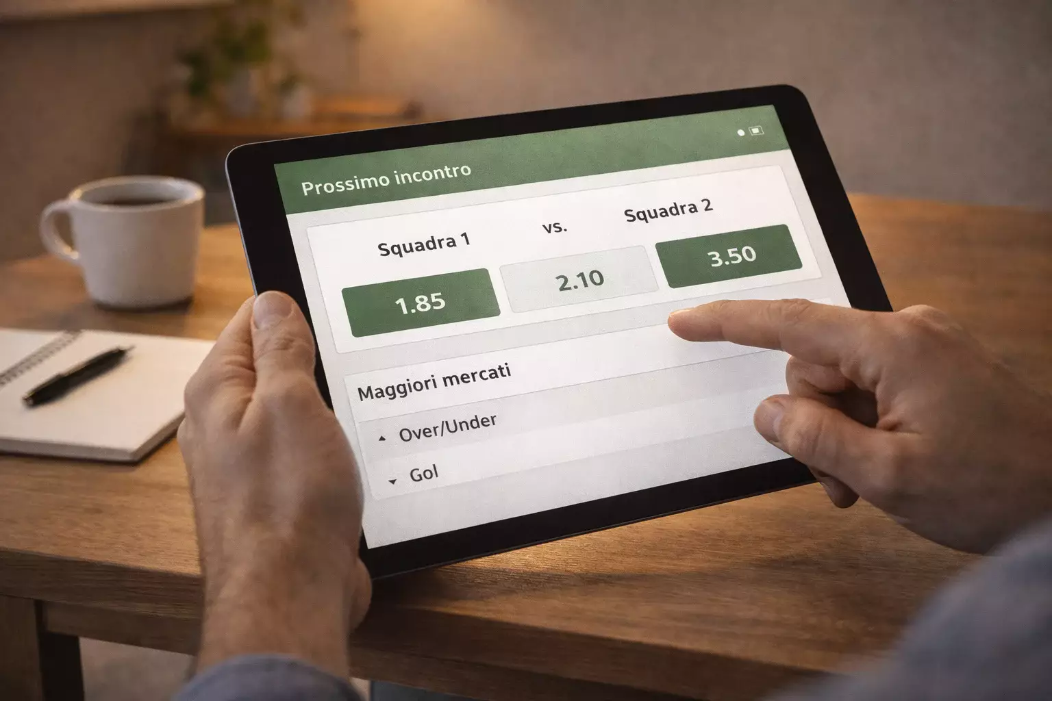Schermo con quote di scommesse calcio e persona che analizza le probabilità su tablet