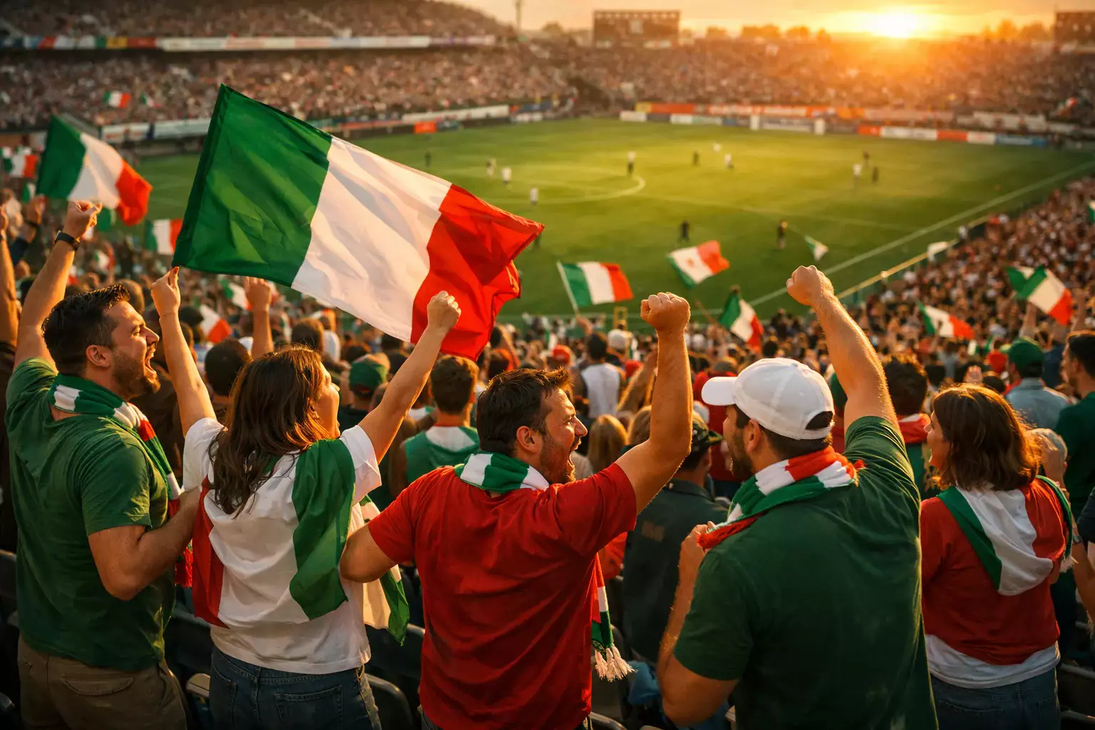 Tifosi italiani che guardano una partita di Serie A in uno stadio illuminato al tramonto