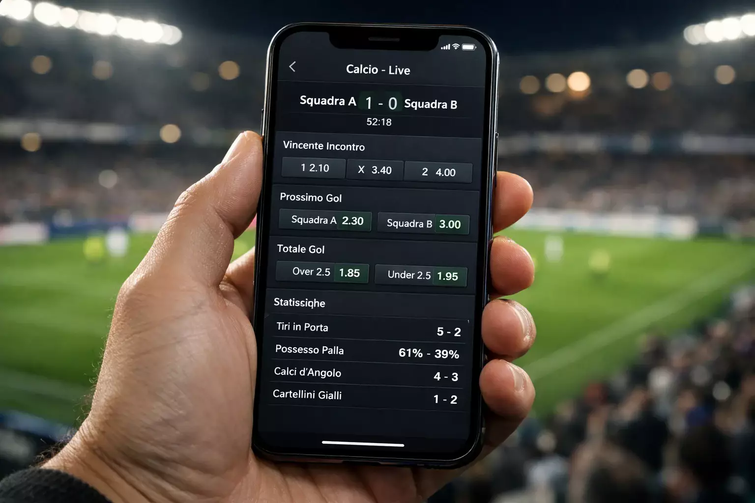 Smartphone con app di scommesse live durante una partita di calcio in corso allo stadio