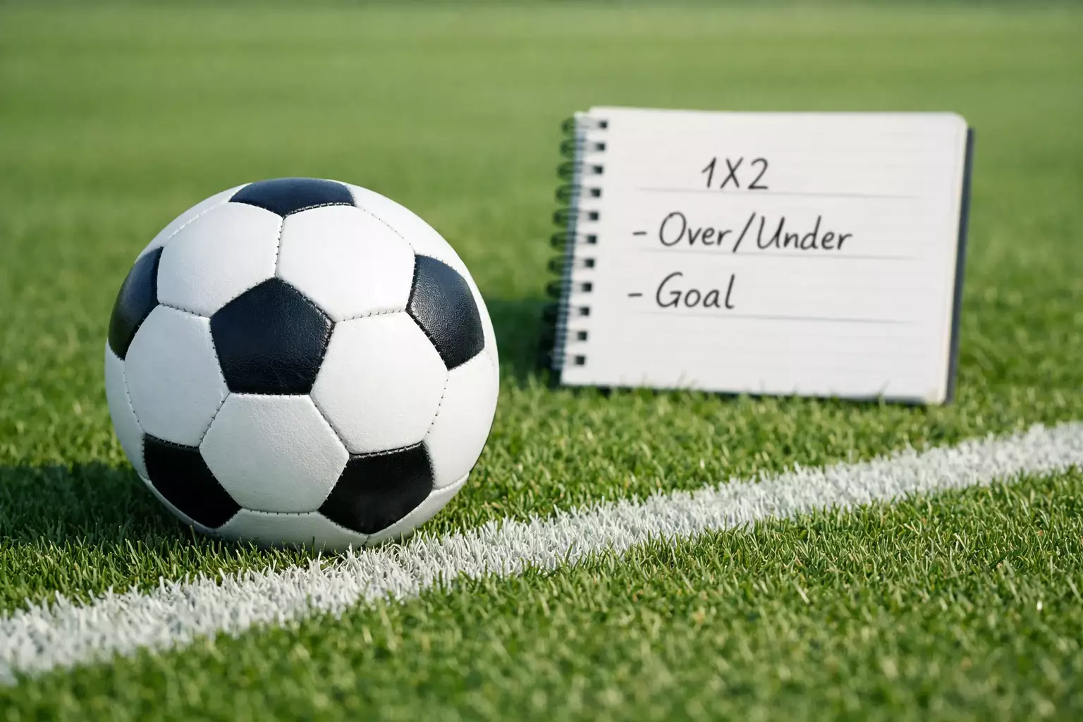 Campo da calcio con pallone e scheda delle scommesse con diverse tipologie di giocate
